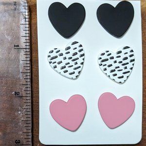 Set of 3 Earrings Black Pink White Heart Shape Women Love Valentine's Day Gifts